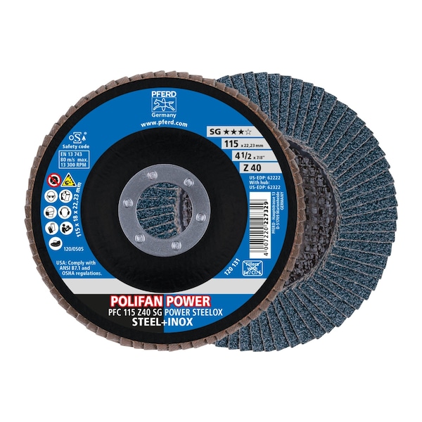 Pferd 4-1/2" x 7/8" A.H. POLIFAN Flap Disc - Z SG POWER STEELOX, Zirconia, 40 Grit, Conical 62222 - main